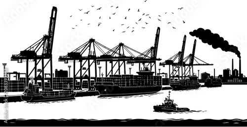 Industrial sea port silhouette icon set. Cargo terminal scene including container ships, gantry cranes, tugboat and factory chimneys in black flat style.