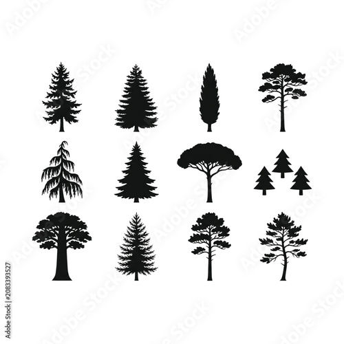 Coniferous tree silhouettes set pine fir evergreen forest nature landscape icon collection bundle for outdoor camping graphic design, vector illustration