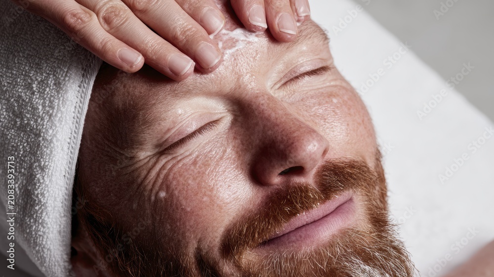 Naklejka premium Relaxed man enjoying facial treatment with skincare cream on forehead