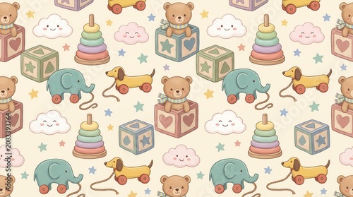 Kids' pattern: bears, toys, blocks, smiling clouds