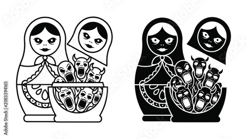 Tableau sur toile Matryoshka Dolls with Hidden Demons: A striking illustration presents nesting dolls revealing a hidden collection of monstrous figures