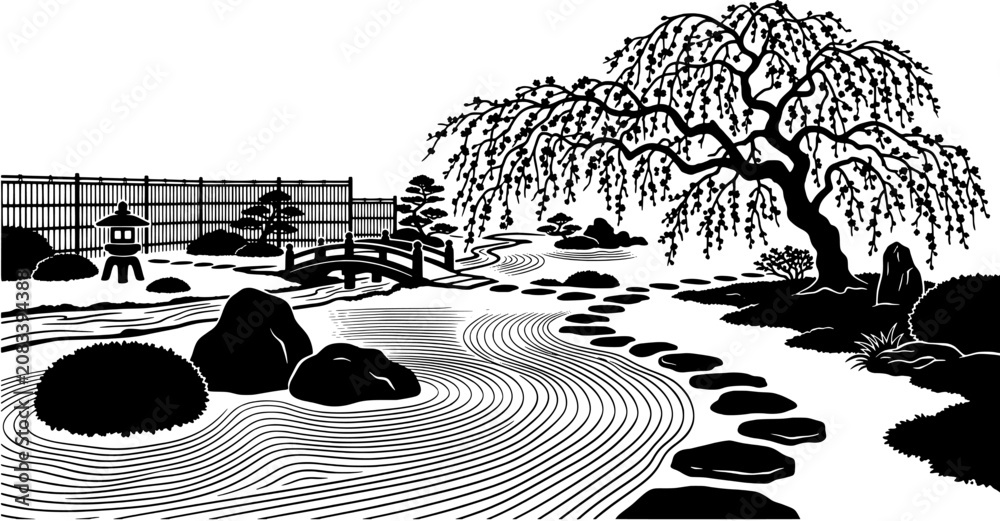 Naklejka premium Japanese garden landscape vector illustration in a black silhouette style including cherry blossom tree, stone bridge, zen raked sand and stepping stones.