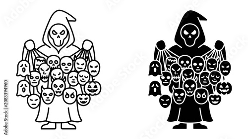 Tableau sur toile Spooky Collection: A mysterious cloaked figure, with a skull for a face, holds a gathering of various Halloween-themed icons, including ghosts, skulls, pumpkins, and monstrous faces