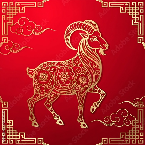 Chinese New Year Golden Ram Vector Illustration on Red Background with Auspicious Clouds