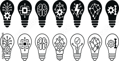 Tech Innovation Bulb Icon Set. Lightbulbs illustrate complex technological concepts, including artificial intelligence and mechanical engineering, with precision.