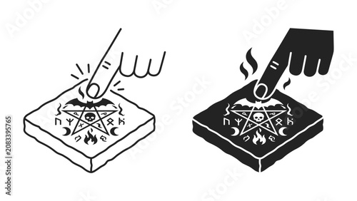 Fotografía Occult Ritual Symbol: A hand presses a finger onto a mystical symbol featuring a pentagram, bat, and skull, evoking themes of dark magic and ancient rituals