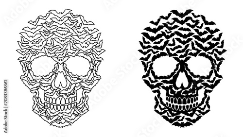 Bat Skull Design: Intricate skull formed by a multitude of bats, showcasing a gothic and macabre aesthetic in both outline and filled versions.
