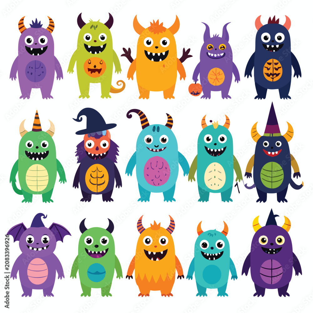 Fototapeta premium A group of colorful monsters are standing in rows on a white background with pumpkins and other Halloween-themed elements.