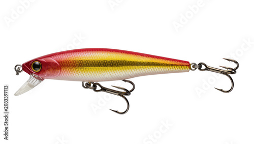 Obraz na plátně Red and yellow fishing lure with treble hooks and clear lip
