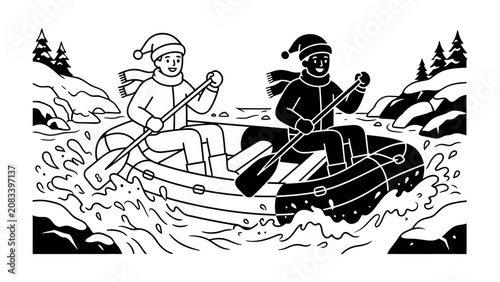 Foto Rafting Expedition: Two individuals paddle a raft down a wild river, navigating choppy waters amidst a snowy landscape