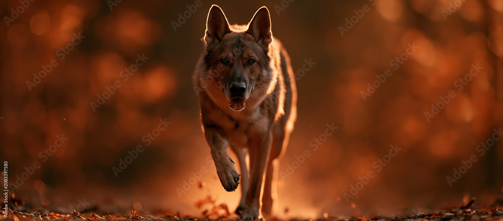 Fototapeta premium A dynamic cinematic panoramic action shot of a majestic German shepherd dog running directly towards the camera across autumn fallen leaves. Warm golden sunset rim light beautifully highlights its fur