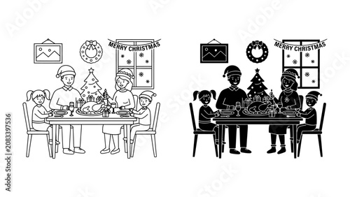 Obraz na plátně Christmas Dinner Celebration: A heartwarming illustration depicting a family gathered around a festive table, enjoying a holiday feast complete with a decorated Christmas tree and a roasted turkey