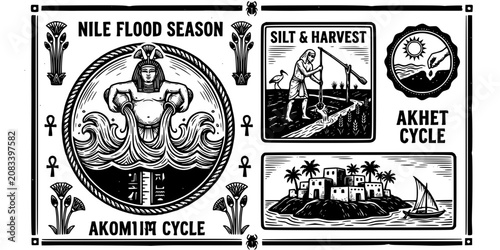 Photos Nile Flood Season Woodcut Black White-Surge Silt Deposit Farm Community-Ancient