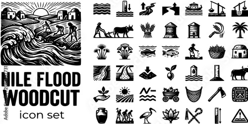 Bild auf Leinwand Nile Flood Season Woodcut Black White-Surge Silt Deposit Farm Community-Ancient