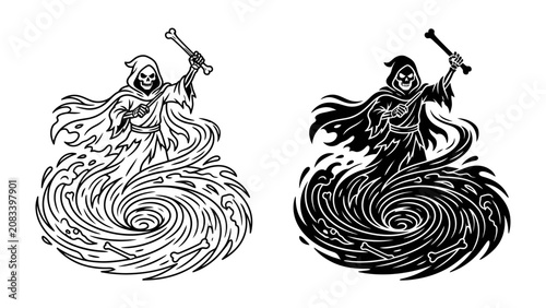 Foto Grim Reaper Swirl: Two stylized depictions of the Grim Reaper, one outlined in black and the other in solid black, stand within a swirling vortex of fire or dark energy, holding a bone staff
