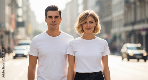 Young fashion couple in white t-shirts standing on a city street with blurred buildings and cars