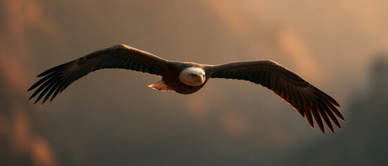 Epic cinematic action photograph of a majestic bald eagle soaring through the sunset sky, wings spread wide with beautiful dramatic lighting and a powerful intense look.