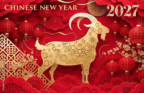 Chinese New Year 2027 Year of the Goat, Golden Paper Cut Goat on Red Background with Lanterns and Clouds