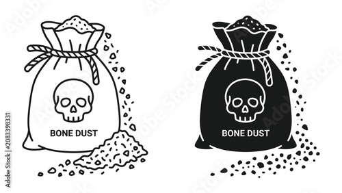 Tableau sur toile Bone Dust Bag Icon: A stylized icon depicting a bag of bone dust, clearly labeled and marked with a skull symbol, presented in both outline and silhouette versions
