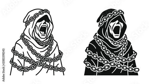 Принти на полотні Ghost of Christmas Yet to Come: A haunting illustration depicting the ominous Ghost of Christmas Yet to Come, bound by heavy chains, embodies the spectral presence of future sorrow and consequence