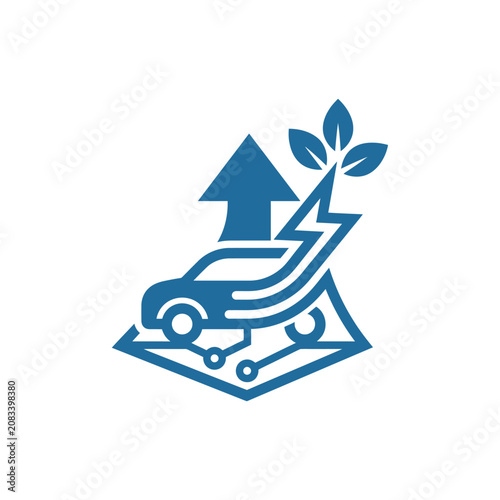 A blue icon showing an electric vehicle with green energy