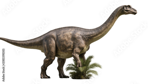Photos Sauropod dinosaur with long neck and tail standing near green plants