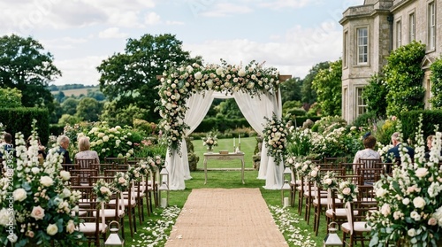 A couple is getting married outdoors in a beautiful garden setting. A large, ornate archway is decorated with an abundance of white roses and greenery.