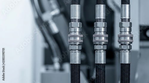 Mechanical engineering parts showcasing heavy duty hose connections and valves