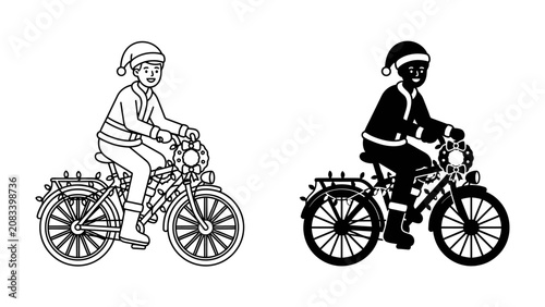 Принти на полотні Christmas Cyclists: Two cartoon characters, one in outline and one in silhouette, dressed as Santa Claus, ride decorated bicycles, spreading holiday cheer