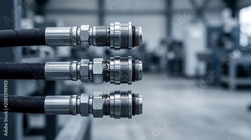 Detail shot of hydraulic fluid hose couplings in a professional factory setting