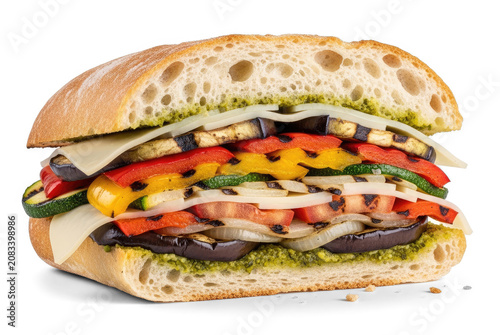 A sliced, crusty bread roll is filled with grilled vegetables. The sandwich contains grilled eggplant, zucchini, bell peppers, and red onion.