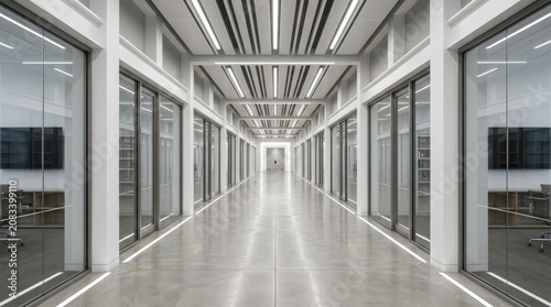 A long, bright corridor stretches into the distance, lined with glass-walled offices. The corridor features a suspended ceiling with horizontal light fixtures, creating a dramatic perspective.
