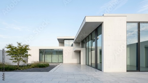 A modern, minimalist house features a large glass facade and a concrete exterior. The building sits on a flat, paved area with a small, landscaped garden in the foreground.