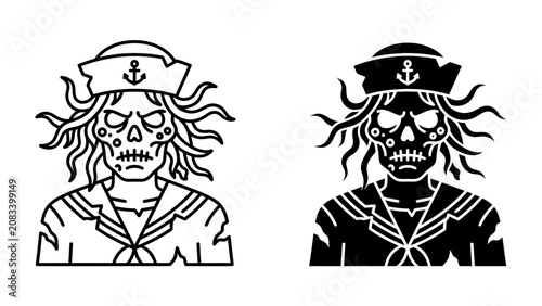 Canvastavla Zombie Sailor Portrait: A hauntingly illustrated portrait of a zombie sailor in traditional uniform, featuring tattered clothes and an eerie skull face, rendered in both outline and silhouette