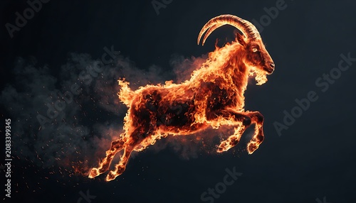 Majestic burning goat running through dark smoke digital art