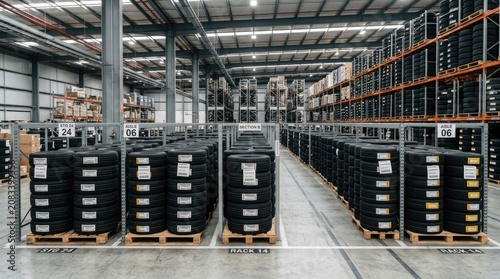 A wide shot captures a vast, industrial warehouse filled with rows of stacked tires. The tires are neatly arranged on pallets and metal shelving units, creating a dense, organized display.