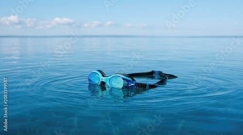 A pair of blue swimming goggles floats on a calm, blue ocean surface, creating a ripple.