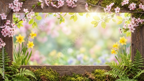 Rustic Wooden Picture Frame with Pink Cherry Blossoms and Yellow Daffodils in a Sunny Spring Forest for Background, Card, or Text Space