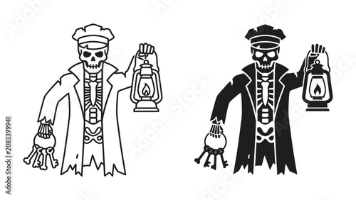 Photos Skeleton with Lantern and Cap: A stylized skeleton figure, depicted in both outline and silhouette, holds a vintage lantern and wears a cap