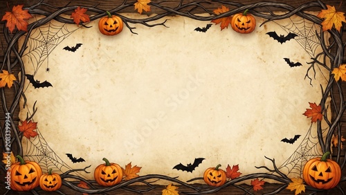 Halloween frame background with jack o lanterns pumpkins, bats, spider webs, autumn leaves and dry branches on vintage old paper texture with copy space