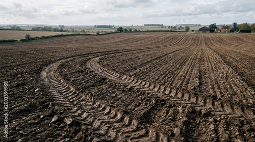 A tractor creates a large spiral track in a dark, rich soil field. The field stretches out into the distance, with rows of crops visible.