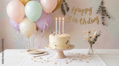A pastel-colored birthday celebration is set up on a white table. A round cake with edible flowers sits on a pink cake stand, surrounded by confetti.