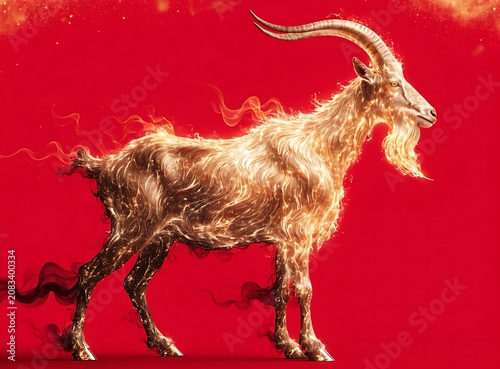 Powerful goat made of burning fire flames walking against a red background,
