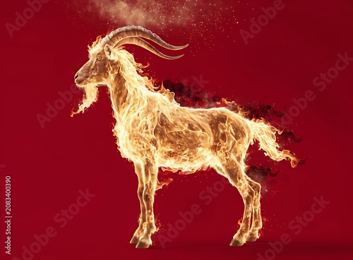 Powerful goat made of burning fire flames walking against a red background,