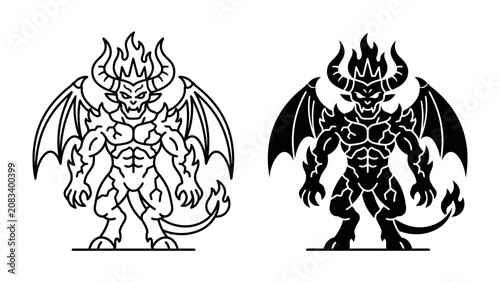 Billede på lærred Demonic Figure Illustration: A fierce, fire-breathing demon illustration, presented in both line art and solid silhouette styles, featuring horned head, bat-like wings, muscular physique