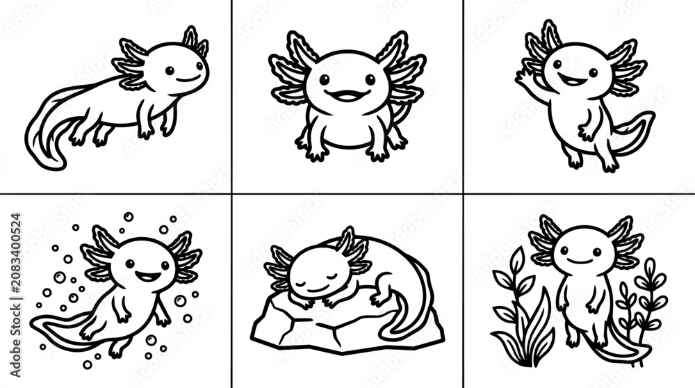 Fototapeta premium Cute axolotl illustrations in various poses with plants and rock