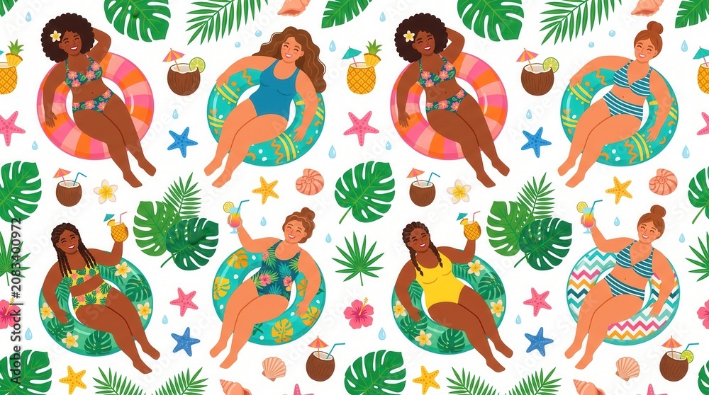 Obraz premium Diverse women relax in swim rings surrounded by tropical leaves and summer drinks
