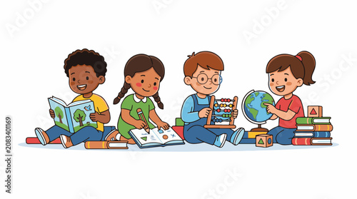 Diverse children learning and playing with educational materials