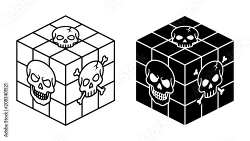 Φωτογραφία Skull and Crossbones Cube Graphics: Two illustrative cubes, one in black and white and the other in negative space, are adorned with skull and crossbones symbols, representing danger, risk