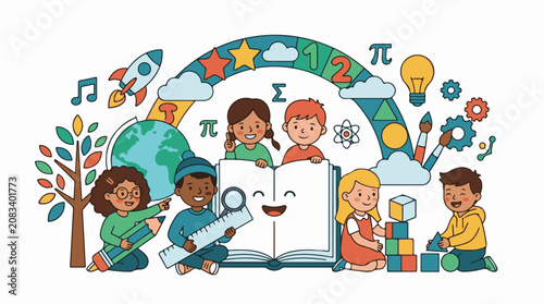 Diverse children learning and playing with educational objects